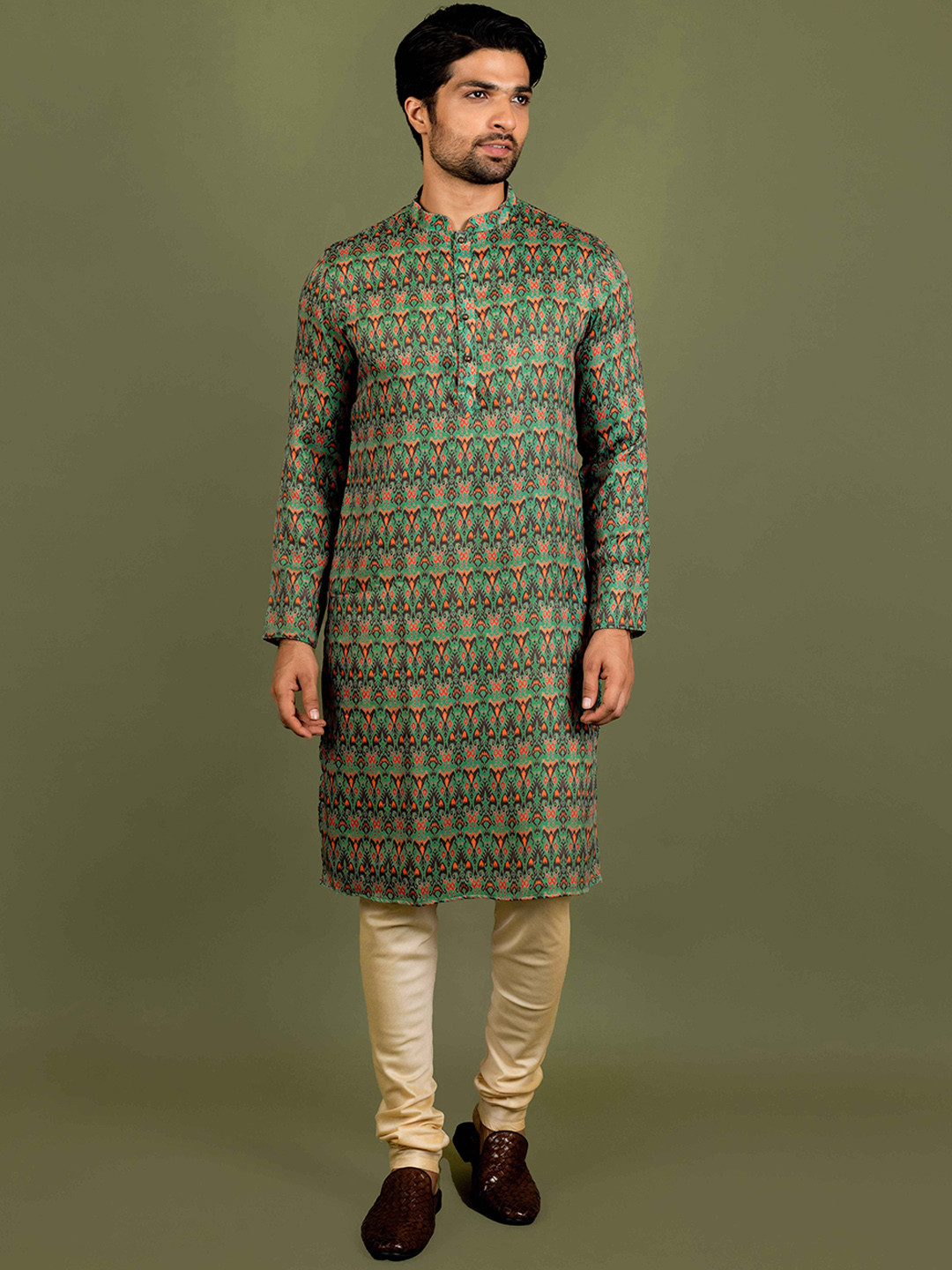 

Anouk Green & Beige Ethnic Motifs Printed Mandarin Collar Kurta with Churidar