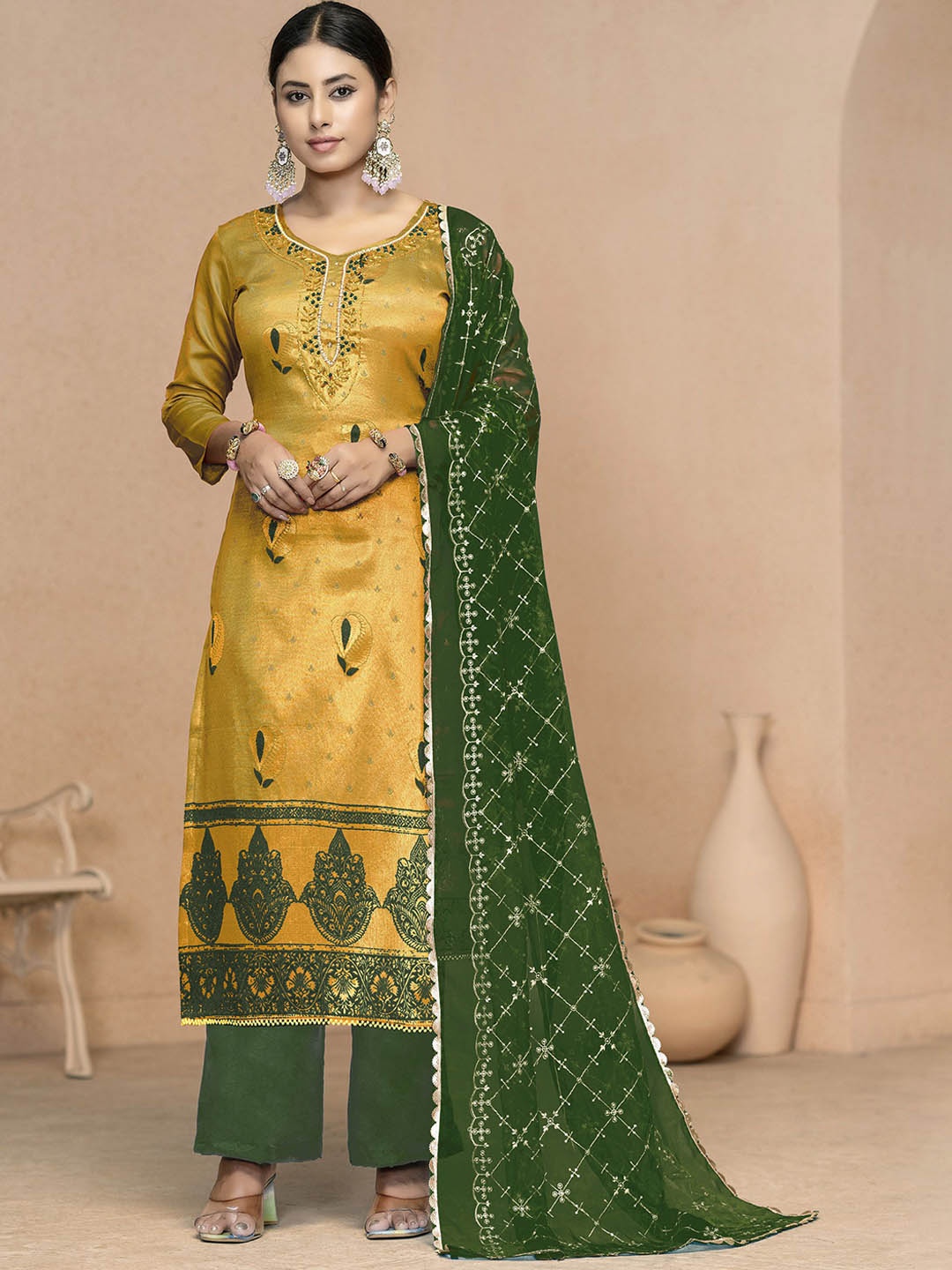

MANVAA Embellished Beads and Stones Unstitched Dress Material, Yellow