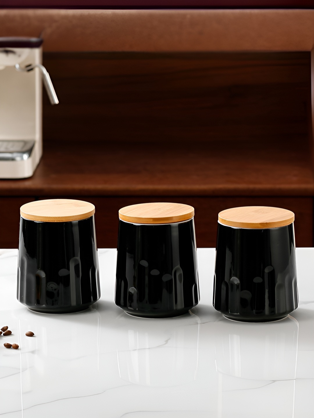 

UMAI 3-Pcs Black & Cream Ceramic Jars With Bamboo Lids- 650 ml