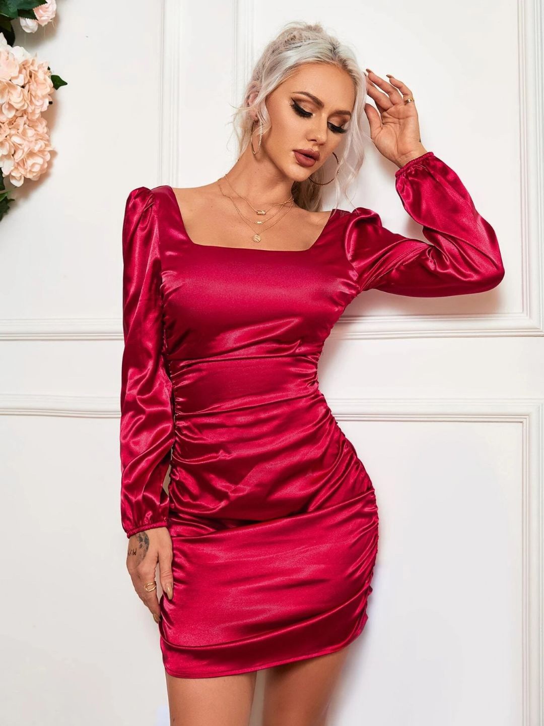 

StyleCast Puff Sleeve Geathered Bodycon Mini Dress, Red