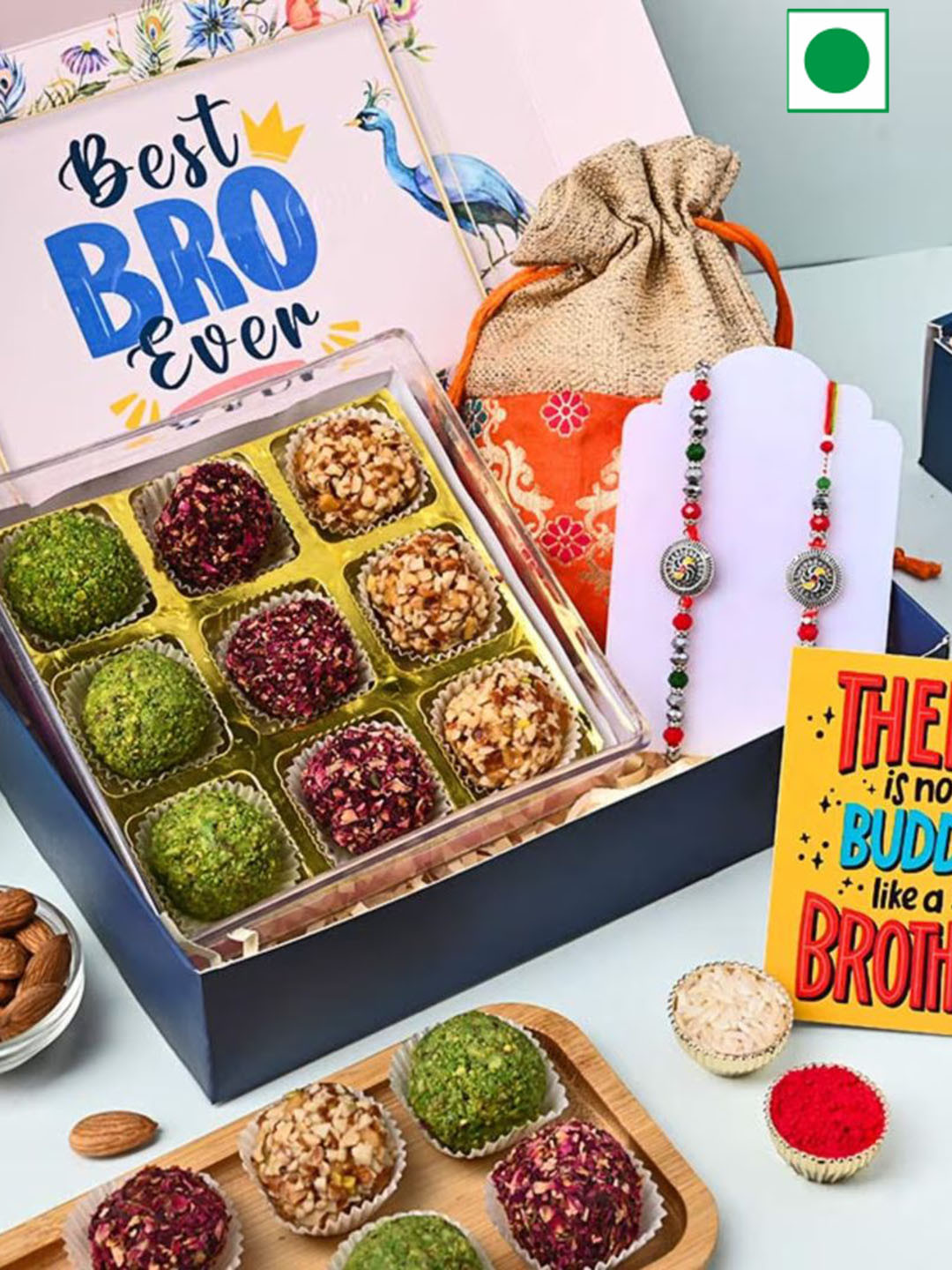 

Floweraura 2-Pcs Bhaiya Bhabhi Rakhi With Assorted Ladoo Gift Set, Green