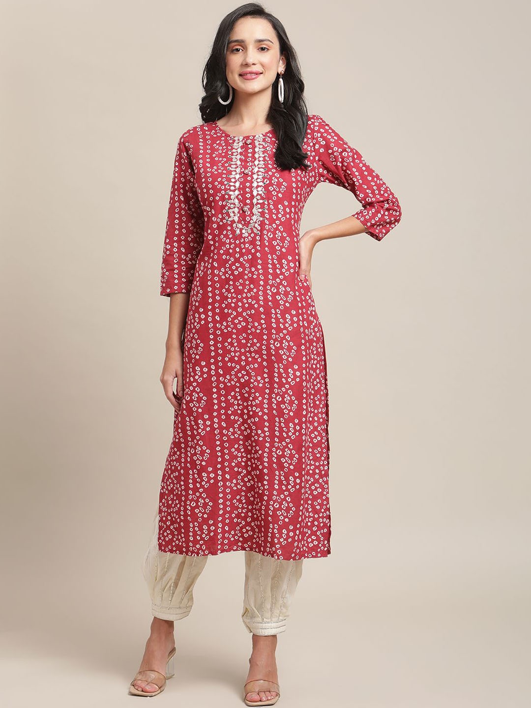 

Varanga Bandhani Printed Gotta Patti Cotton A line Kurta, Red