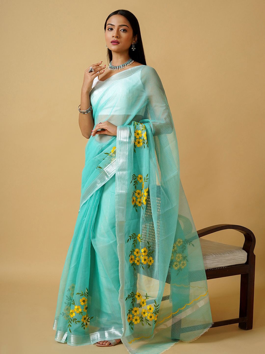 

TEEJH Floral Embroidered Supernet Kota Saree, Turquoise blue