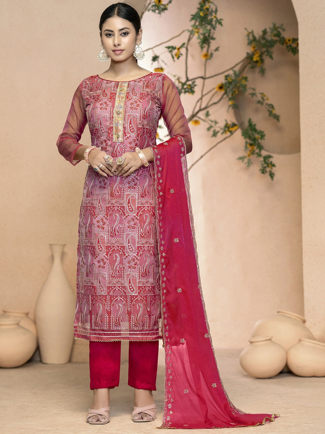 

MANVAA Paisley Printed Gotta Patti Organza Unstitched Dress Material, Pink