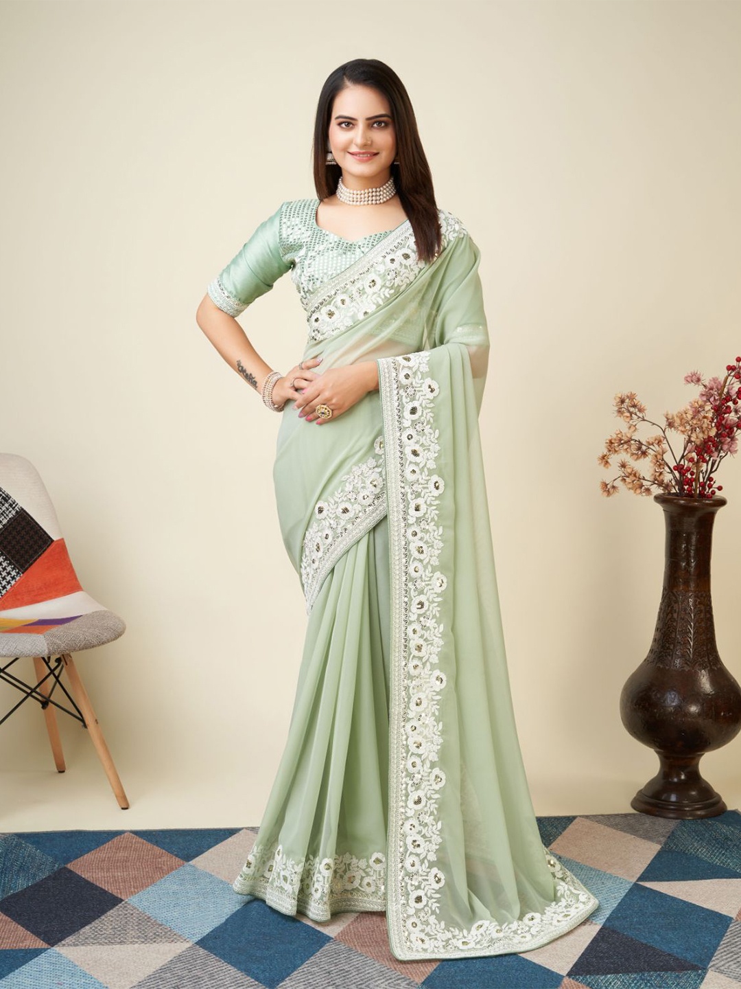 

VAIRAGEE Embroidered Ready to Wear Saree, Sea green