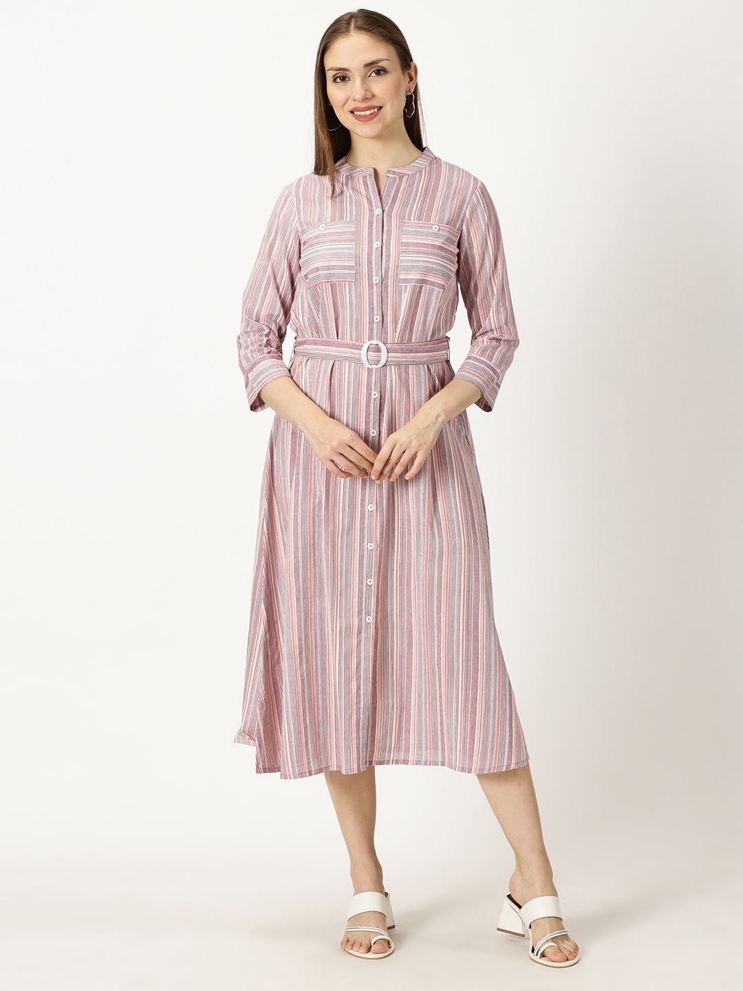 

Saffron Threads Women Striped Mandarin Collar A-Line Midi Dress, Pink