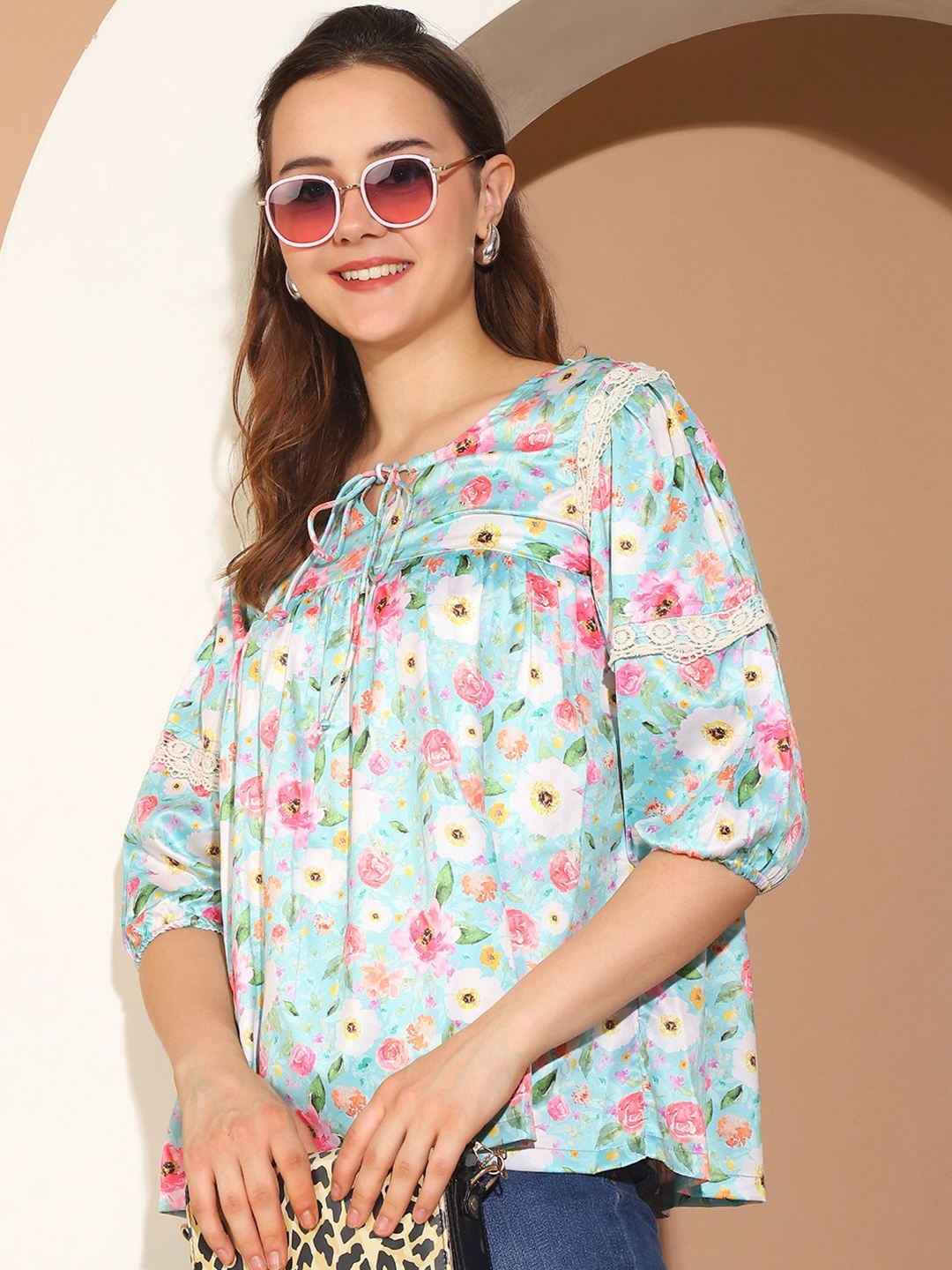

Indian Needle Women Floral Printed Tie-Up Neck Top, Turquoise blue
