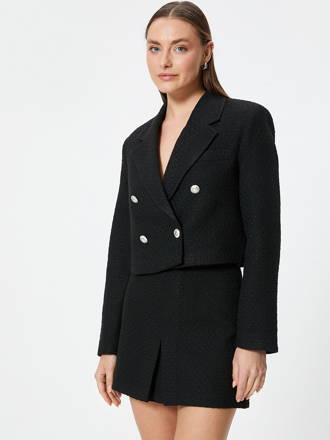 

Koton Self Design Notched Lapel Single Breasted Blazer, Black