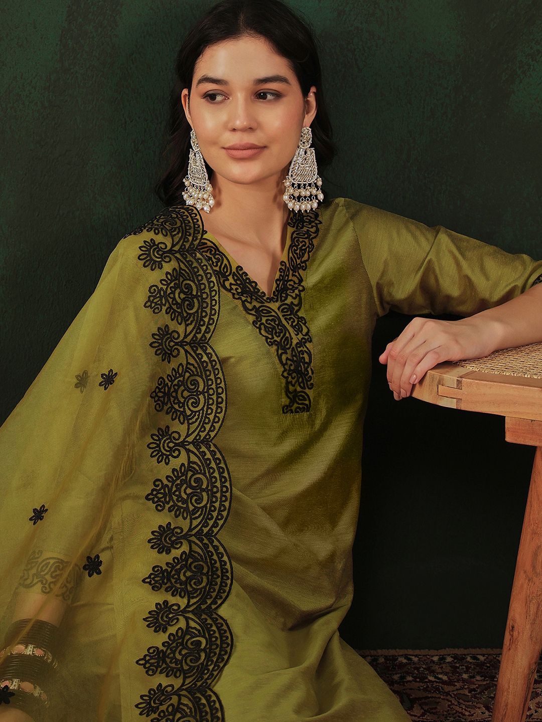 

Sangria Floral Embroidered V Neck Straight Kurta With Trouser &Dupatta, Mustard