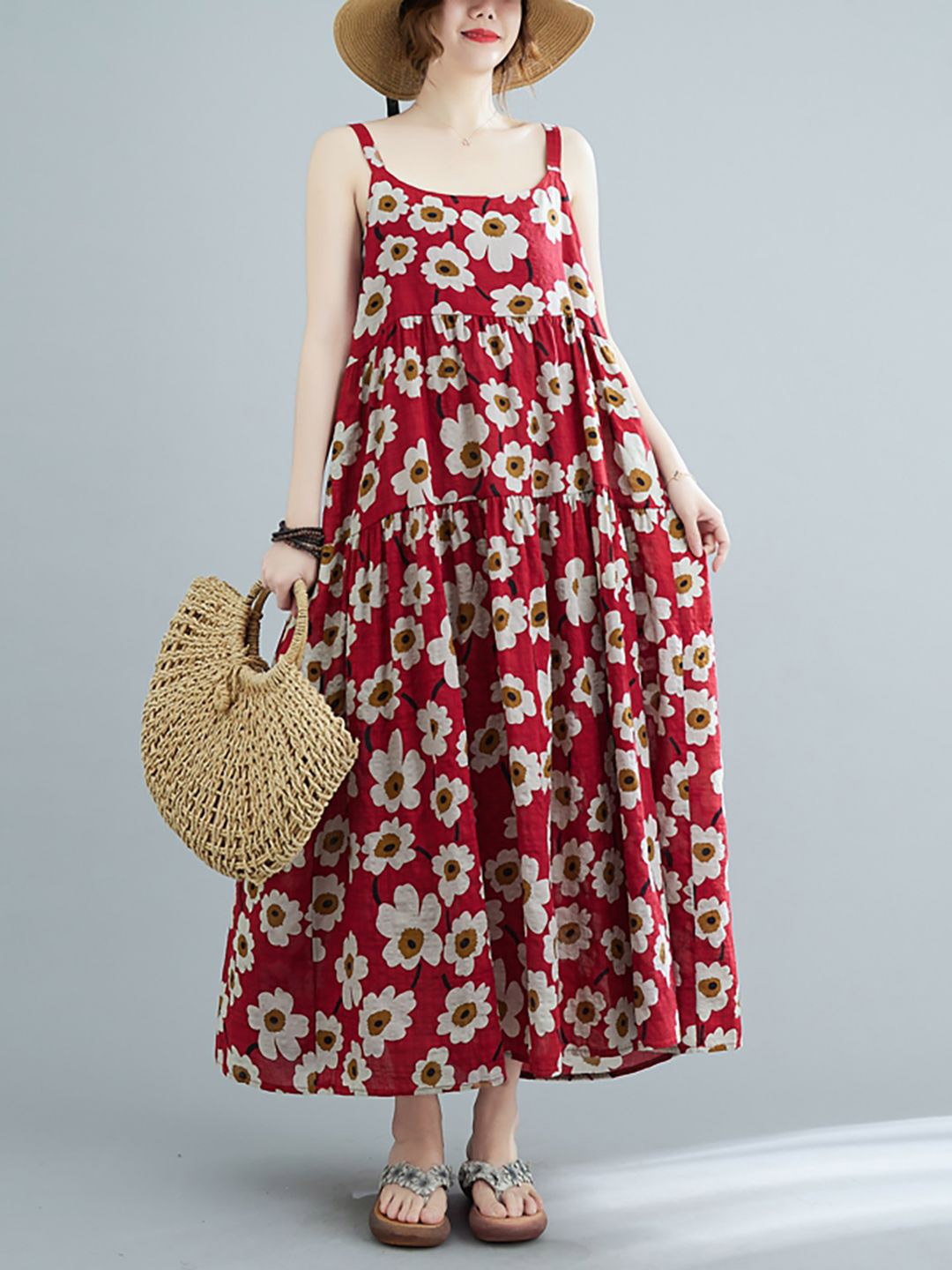 

JC Mode Floral Printed A-Line Midi Dress, Red