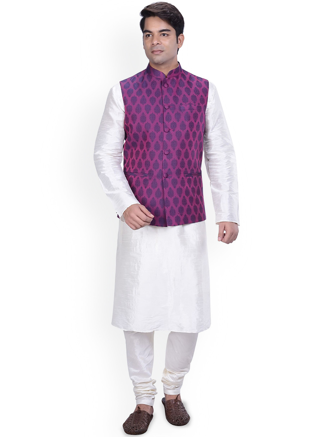 

Anouk Purple & White Ethnic Motifs Printed Mandarin Collar Kurta with & Nehru jacket