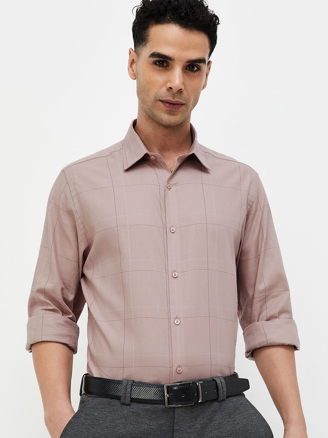 

CODE by Lifestyle Men Spread Collar Checked Cotton Formal Shirt, Pink