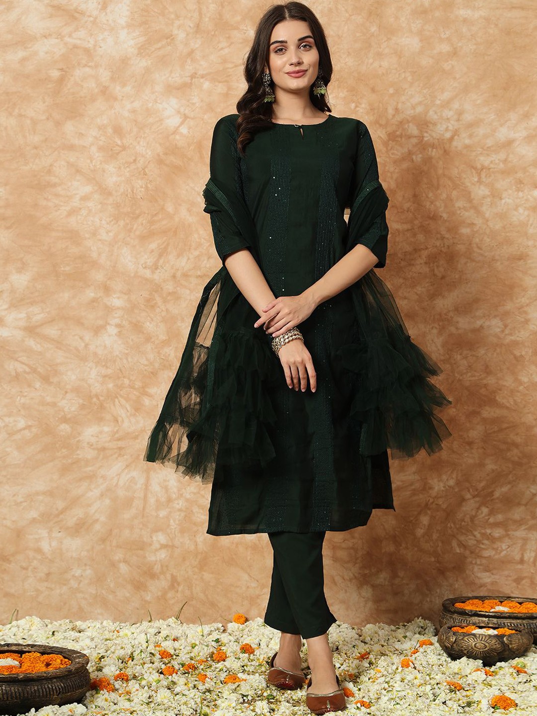 

KALINI Women Embroidered Regular Kurta with Trousers & With Dupatta, Green