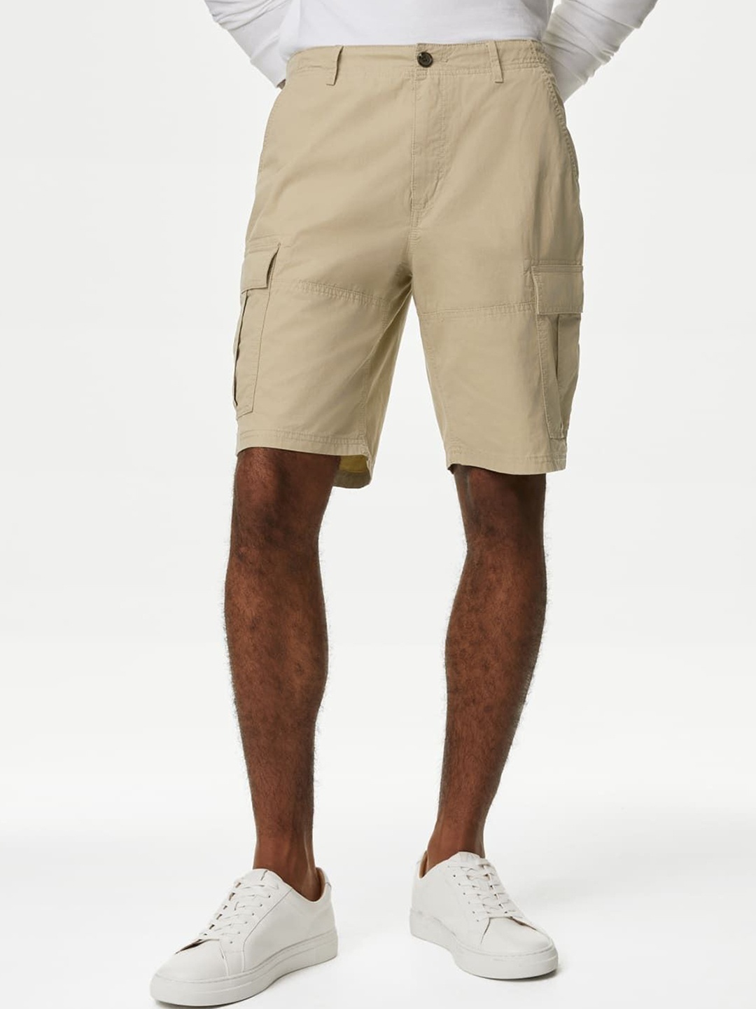 

Marks & Spencer Men Pure Cotton Mid-Rise Cargo Shorts, Beige