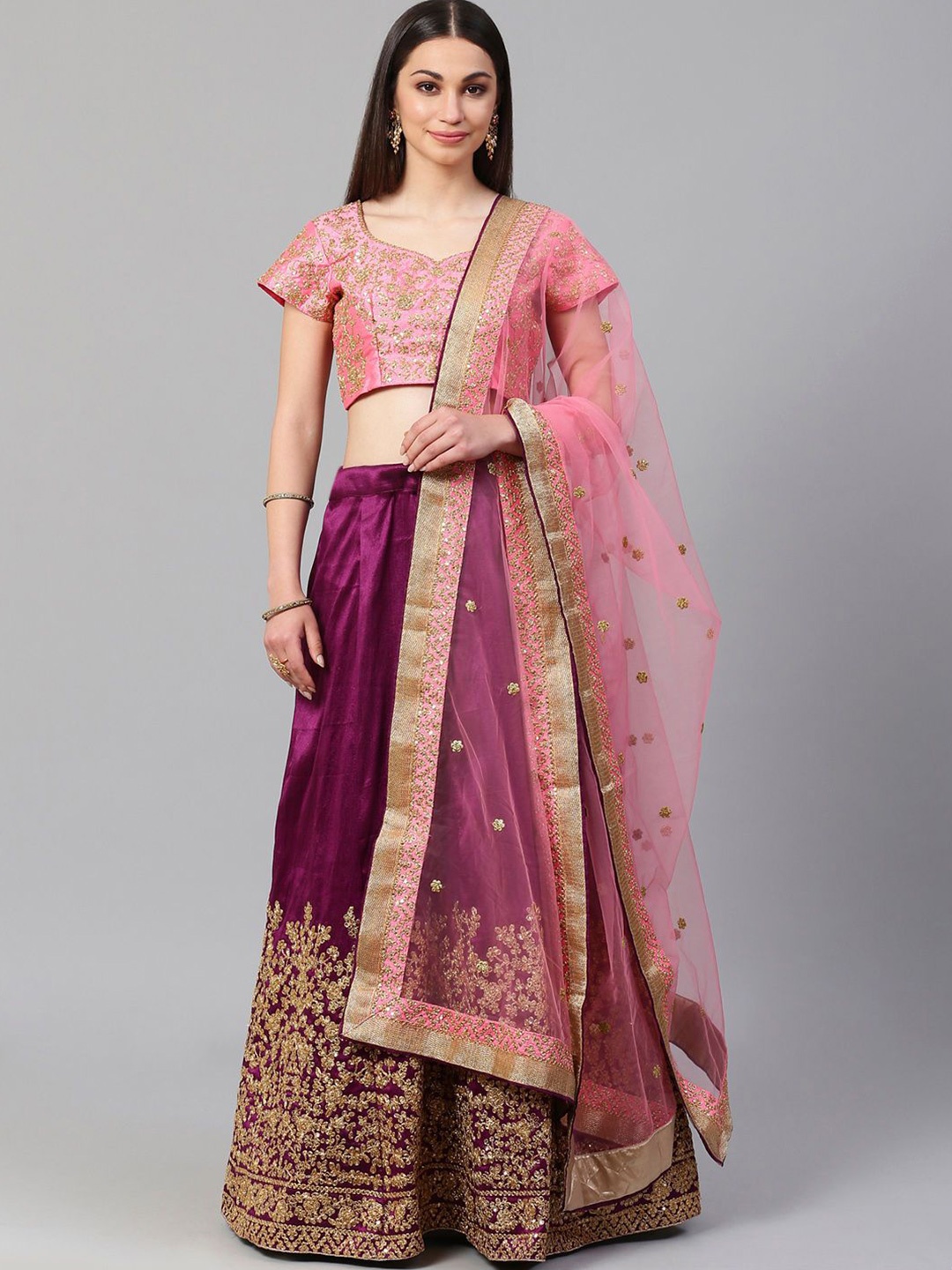 

FABPIXEL Floral Embroidered Thread Work Semi-Stitched Lehenga & Blouse With Dupatta, Purple