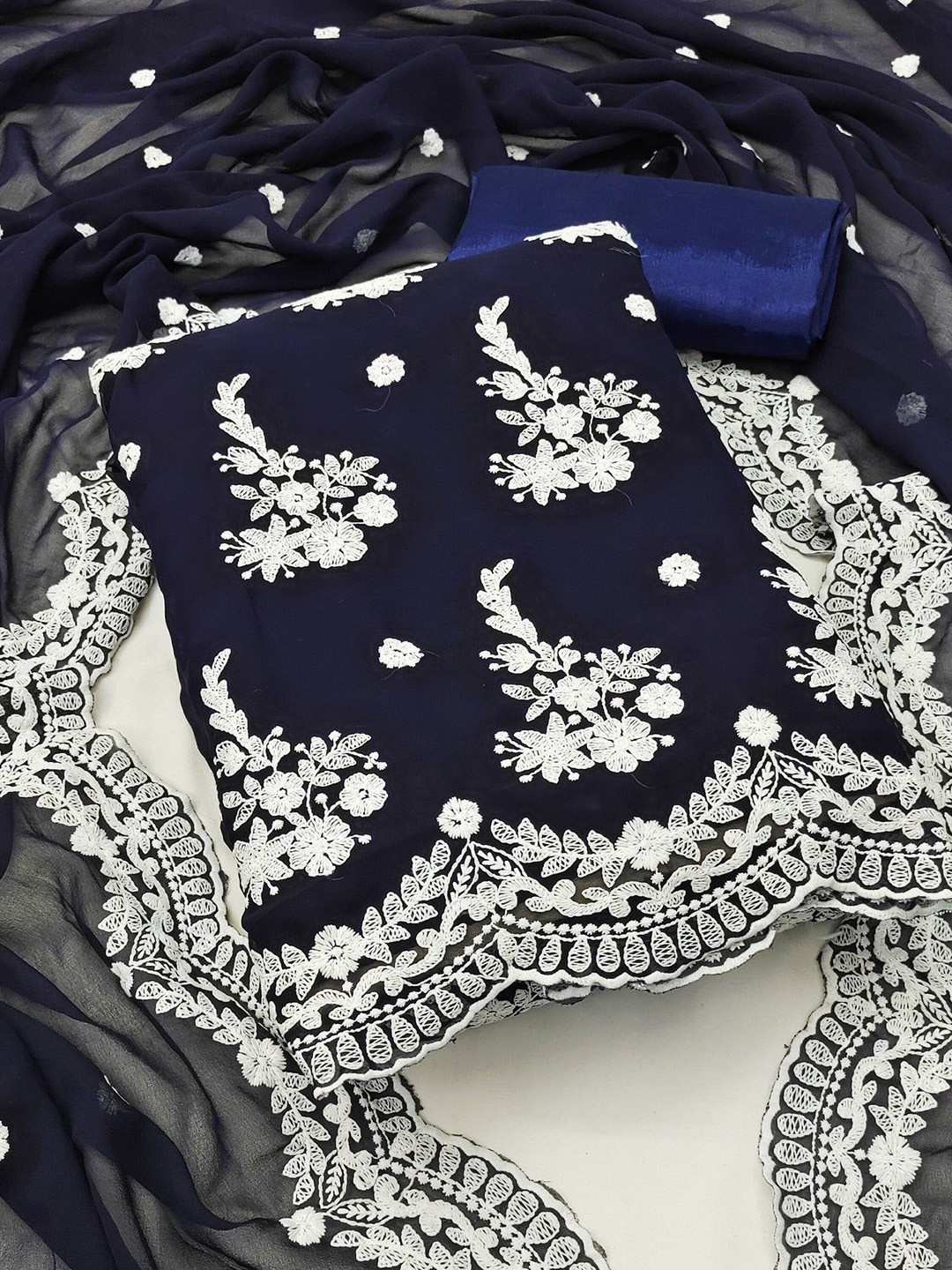 

LeeliPeeri Designer Floral Embroidered Georgette Unstitched Dress Material, Navy blue