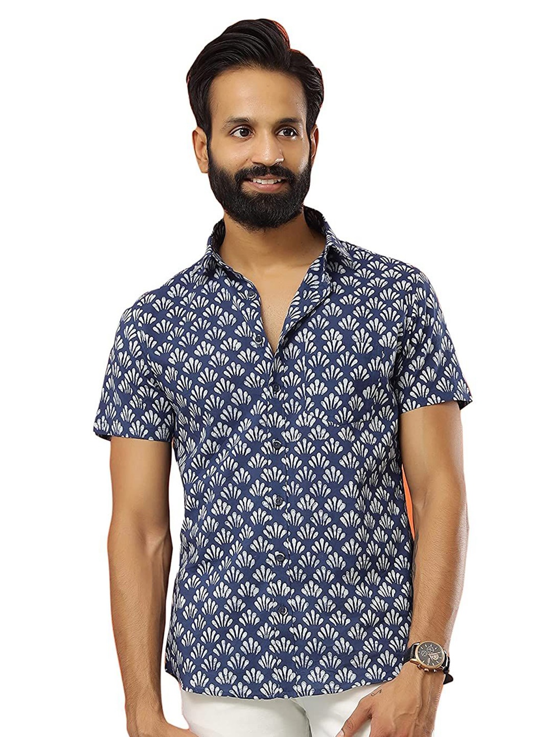

SAY Men Classic Spread Collar Abstract Printed Cotton Casual Shirt, White