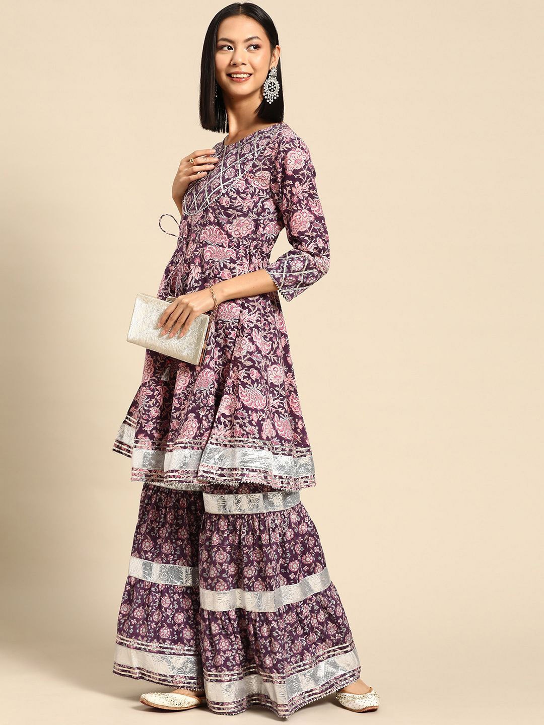 

Anouk Purple Floral Printed Pure Cotton Anarkali Kurta With Sharara
