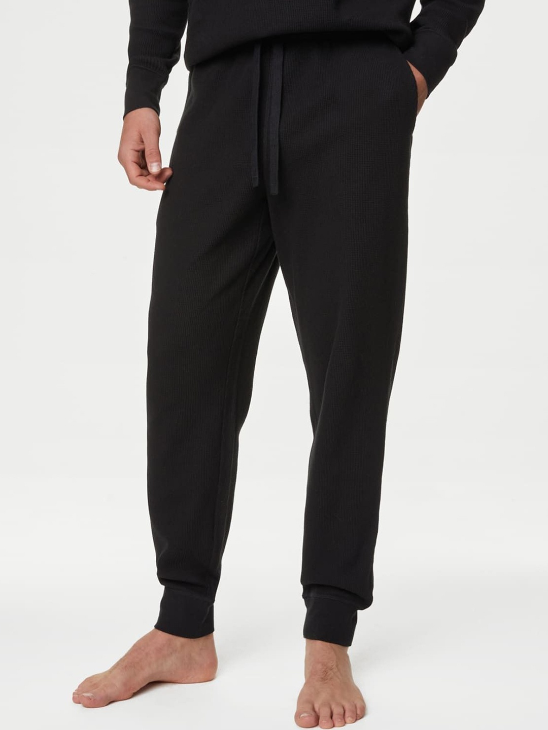 

Marks & Spencer Pure Cotton Mid-Rise Waffle Loungewear Bottoms, Black