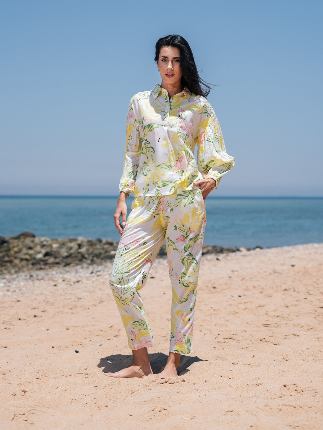 

SANSKRUTIHOMES Women Drop Shoulder Puff Sleeve Tropical Night suit SE-NSP-557-Yellow