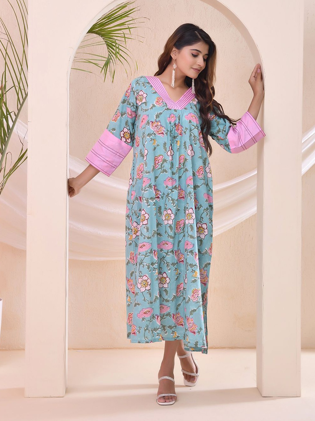 

THE SAFFRON SAGA Floral Print Pure Cotton Maxi Dress, Blue