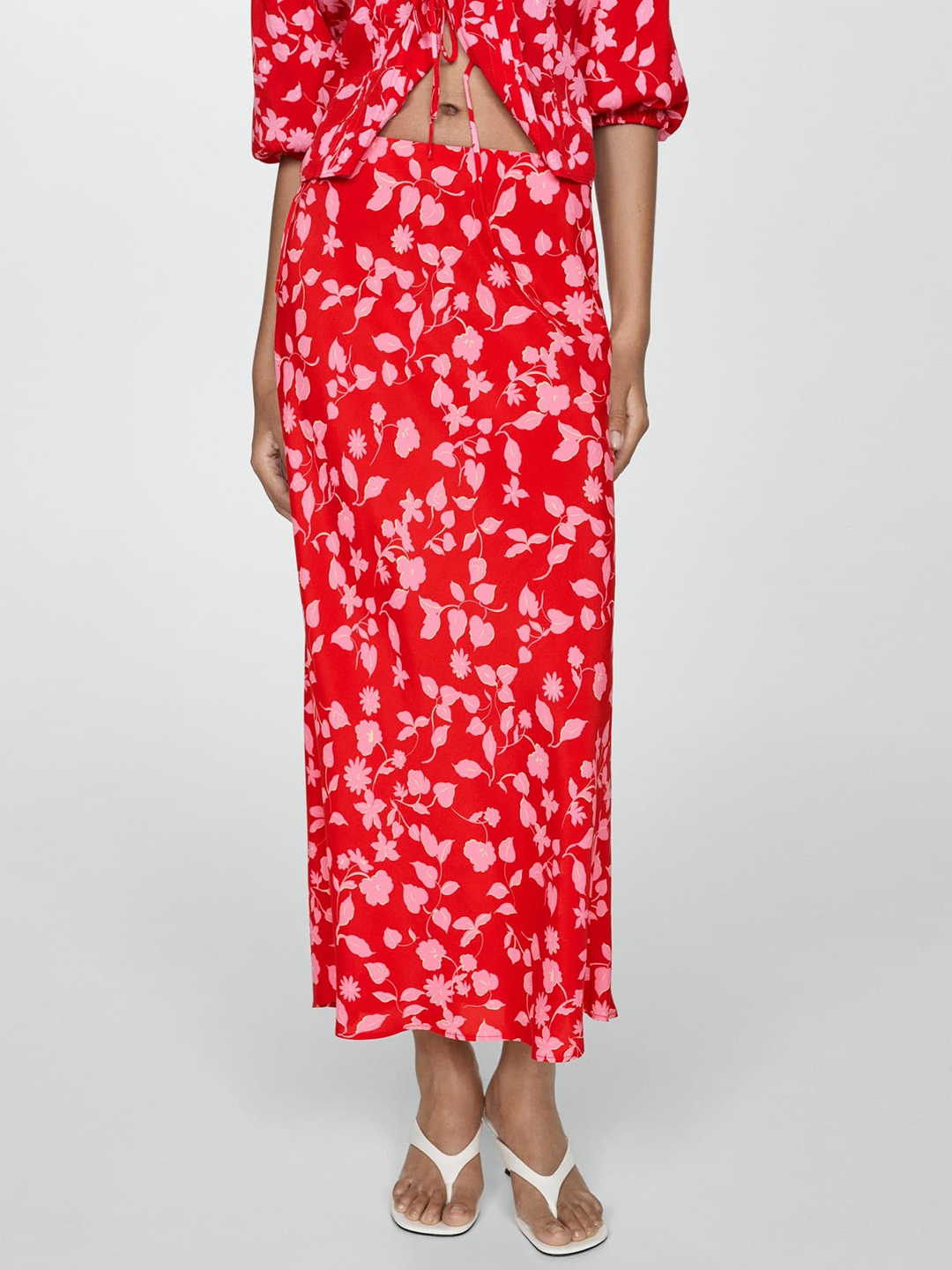 

MANGO Floral Print Straight Midi Skirt, Red