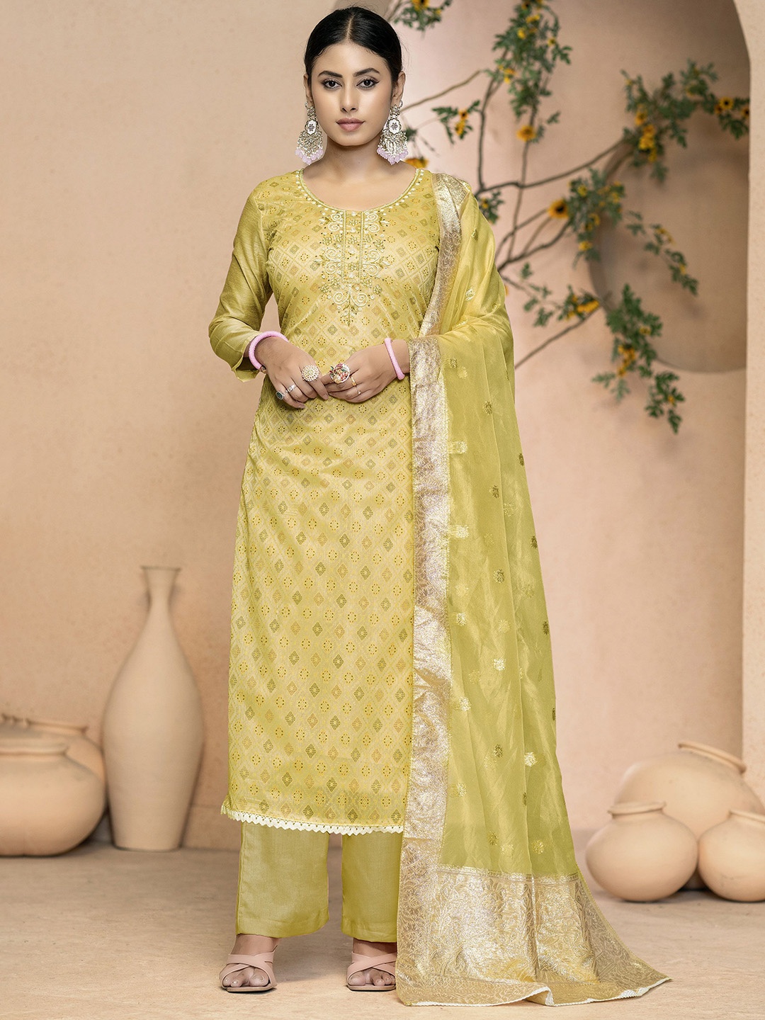 

MANVAA Floral Embellished Zari Unstitched Dress Material, Lime green