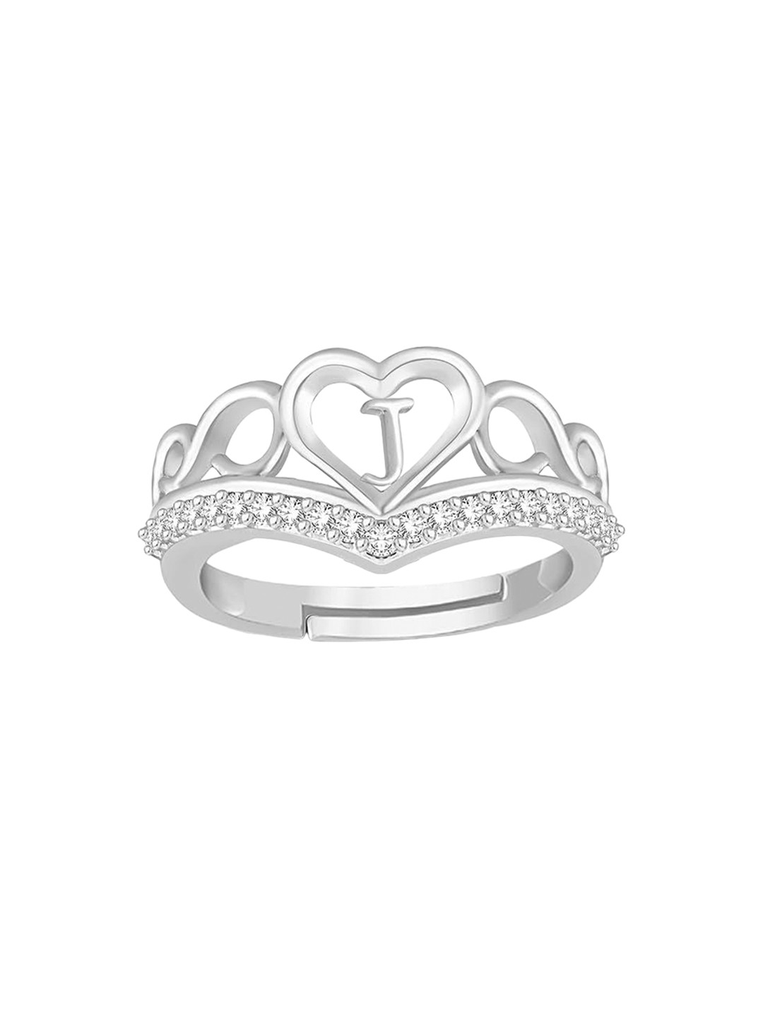 

Lila Silver Plated Cubic Zirconia Studded Heart Shaped Alphabet J Finger Ring