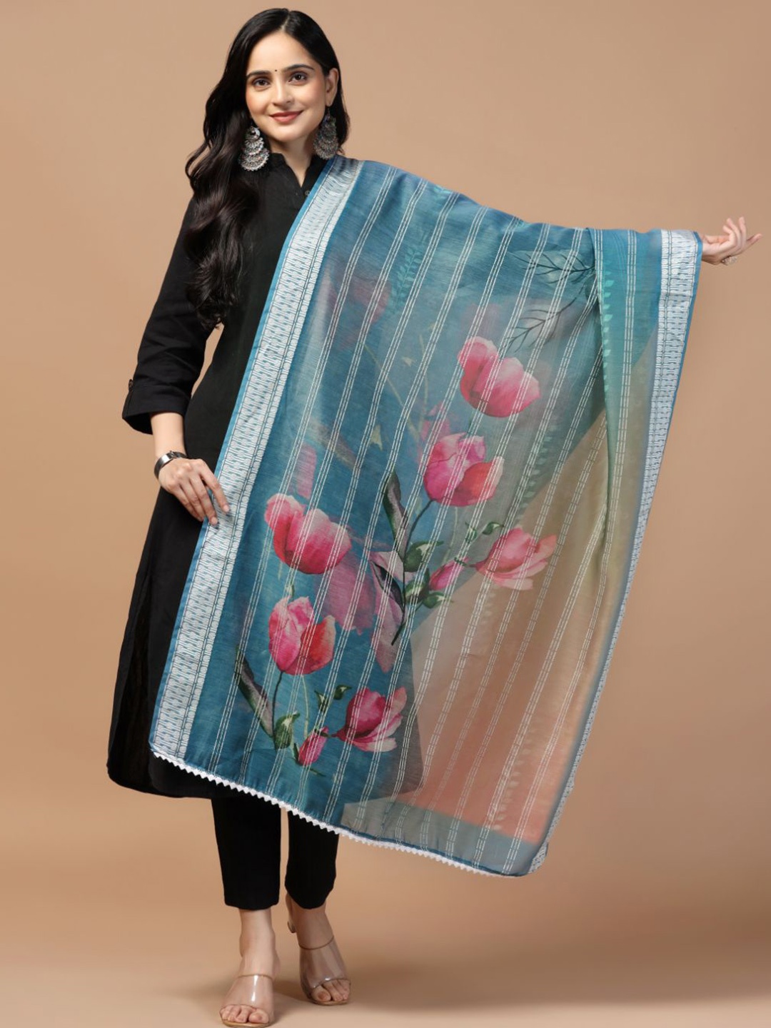

Kaizen TEXO FAB Floral Printed Sequinned Chanderi Cotton Dupatta, Teal