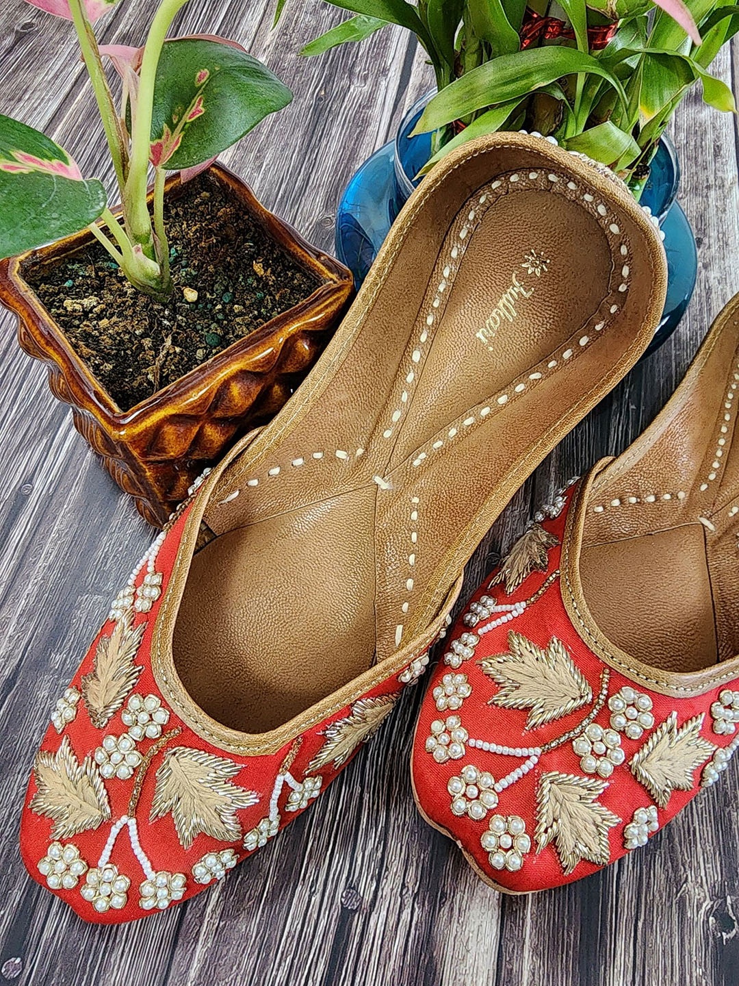 

Fulkari Women Embroidered Ethnic Mojaris Flats, Red