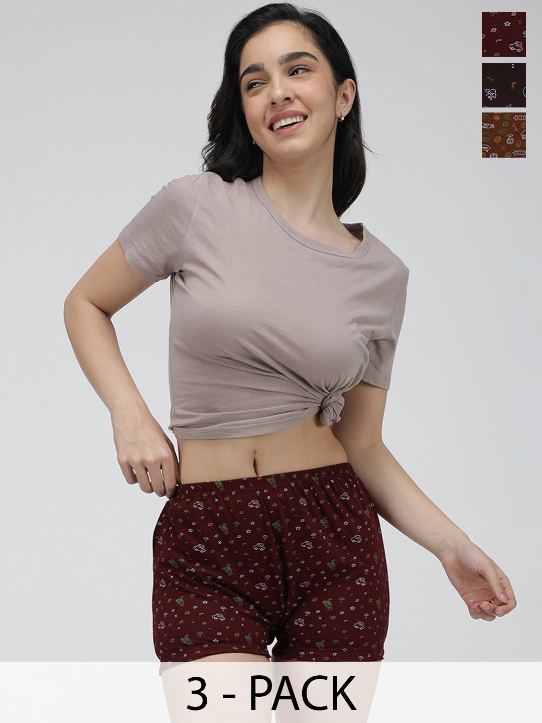 

AMUL COMFY Pack Of 3 Women Printed Anti Microbial Cotton Boy Shorts Briefs, Brown