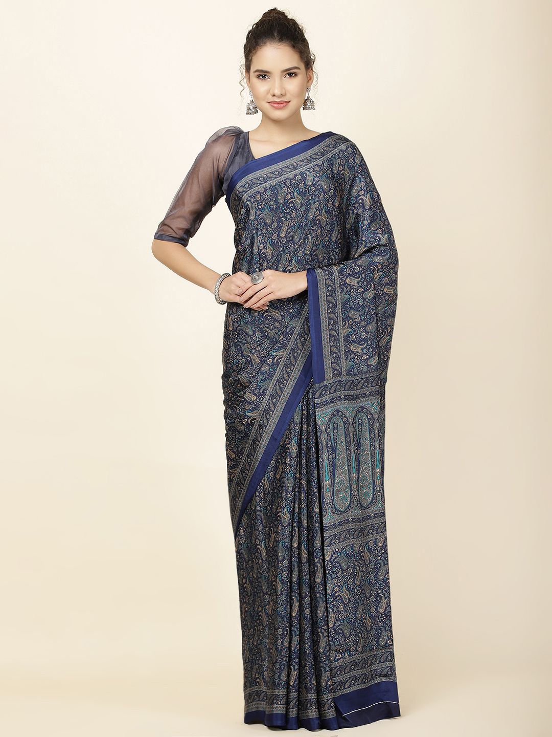 

Meena Bazaar Paisley Poly Crepe Saree, Navy blue