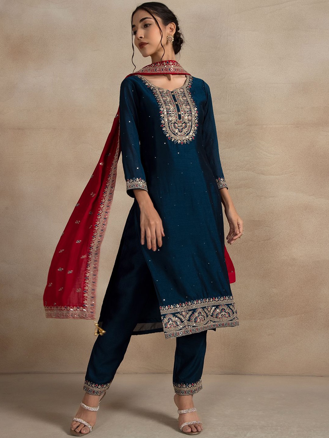 

Rang by Indya Ethnic Motifs Sequinned Straight Kurta with Trousers & With Dupatta, Blue