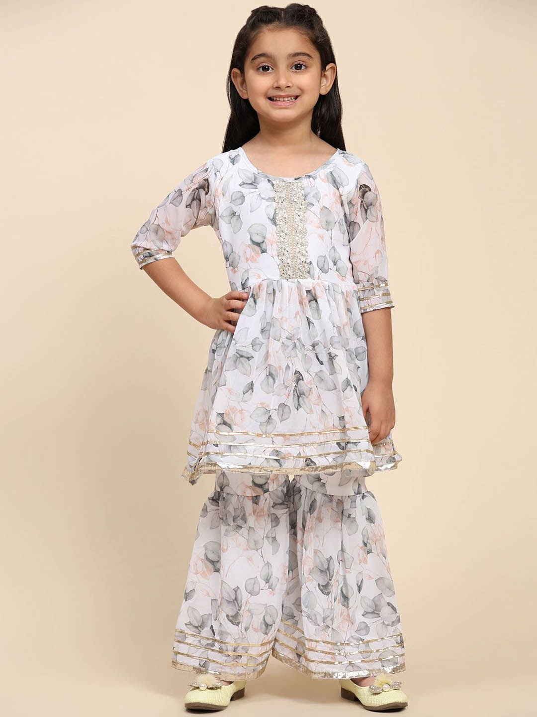 

SHIJILA Girls Floral Printed A Line Kurta with Sharara, White