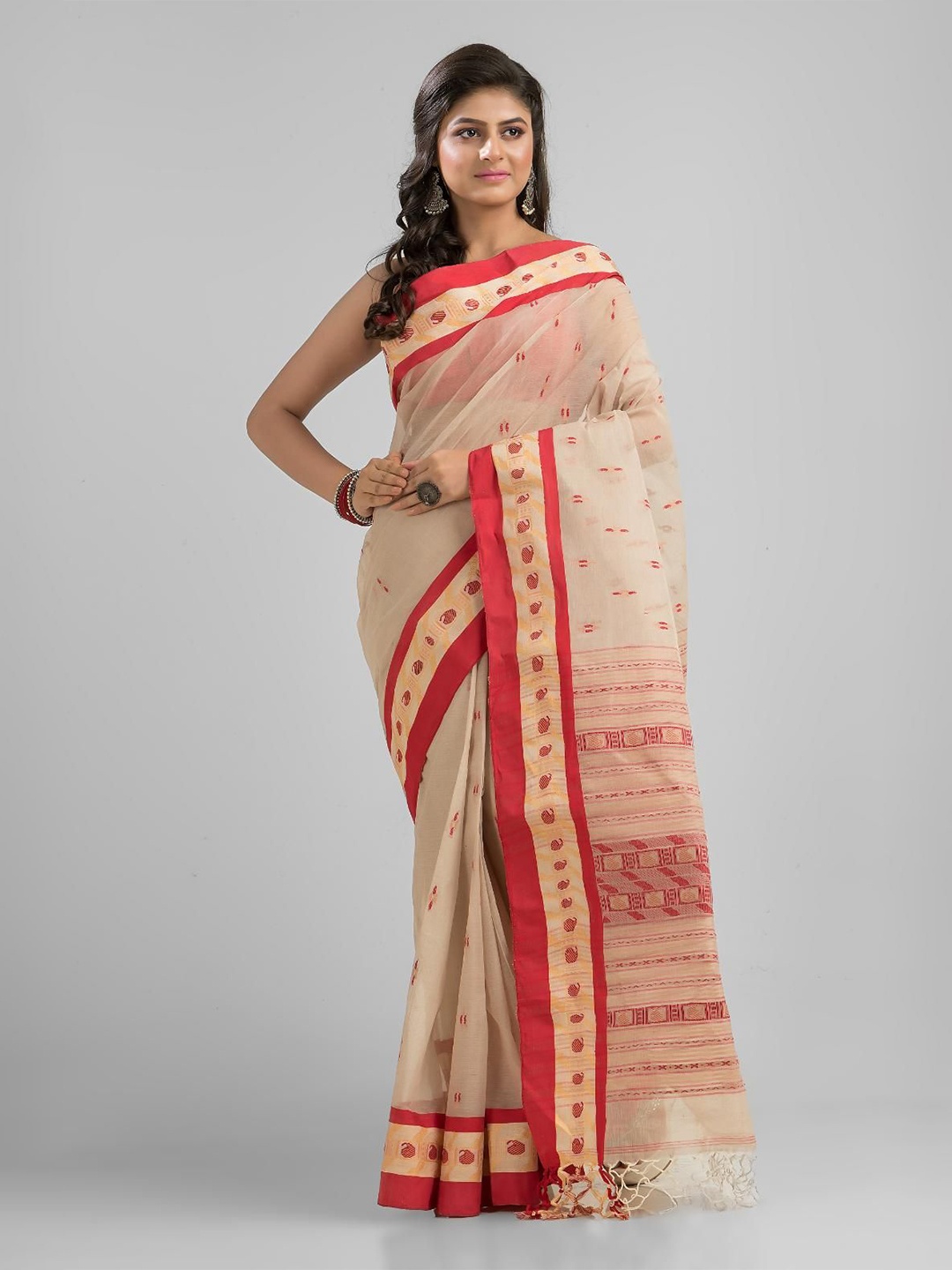 

SAJASAJO Ethnic Motifs Pure Cotton Fusion Saree, Beige