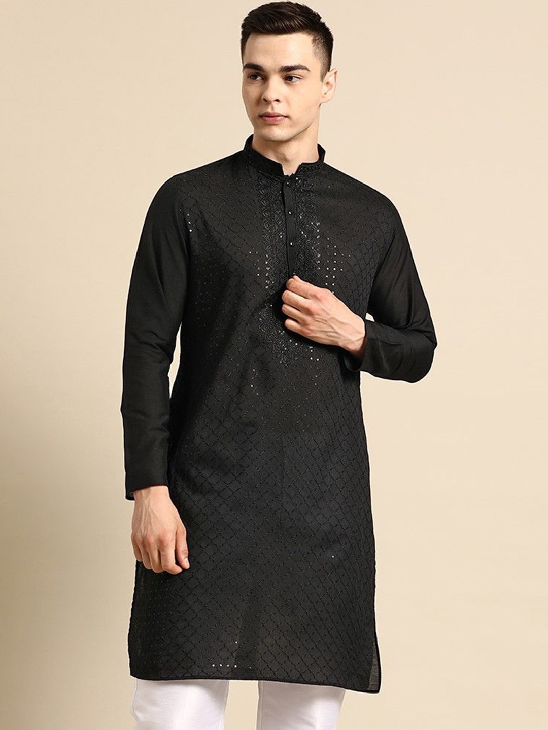 

Sayisha Embroidered Sequins Embellished Mandarin Collar Silk Straight Kurta, Black