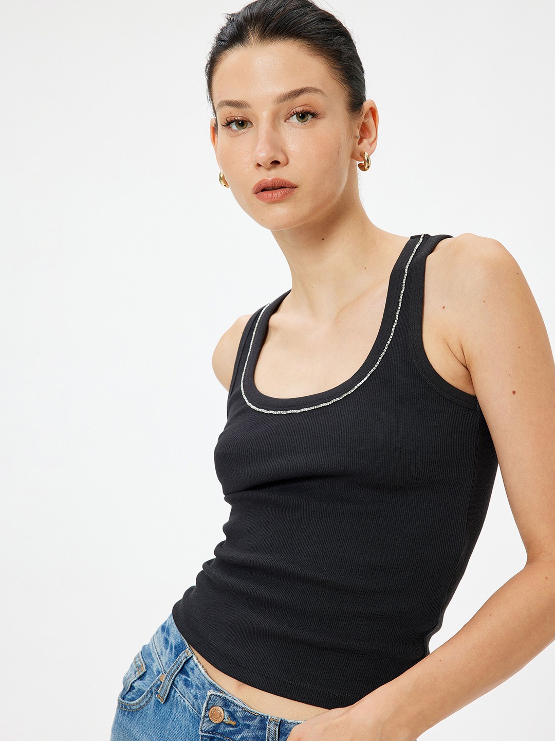 

Koton Women Solid Scoop Neck Cotton Top, Black
