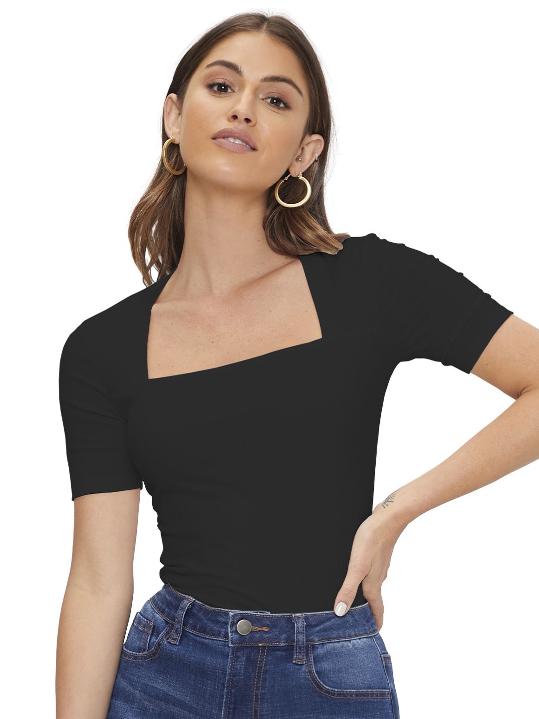 

BAESD Women Solid Square Neck Top, Black