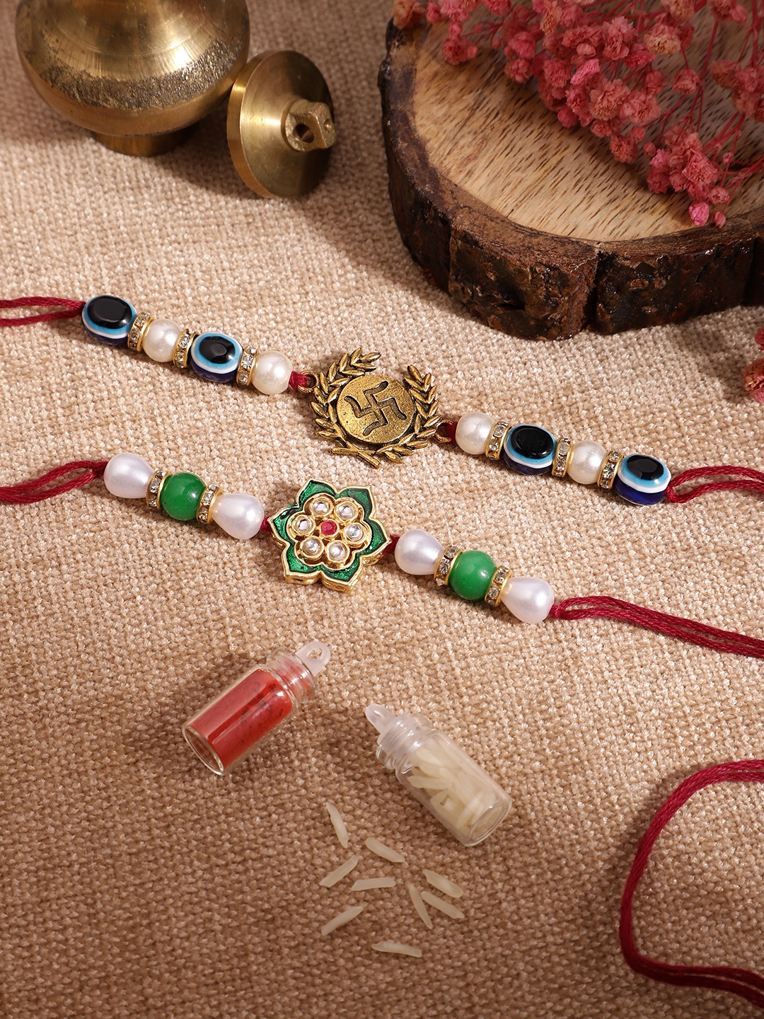 

Anouk Unisex Set of 2 Beaded Bhai Bhabhi Rakhis With Roli & Chawal, Maroon