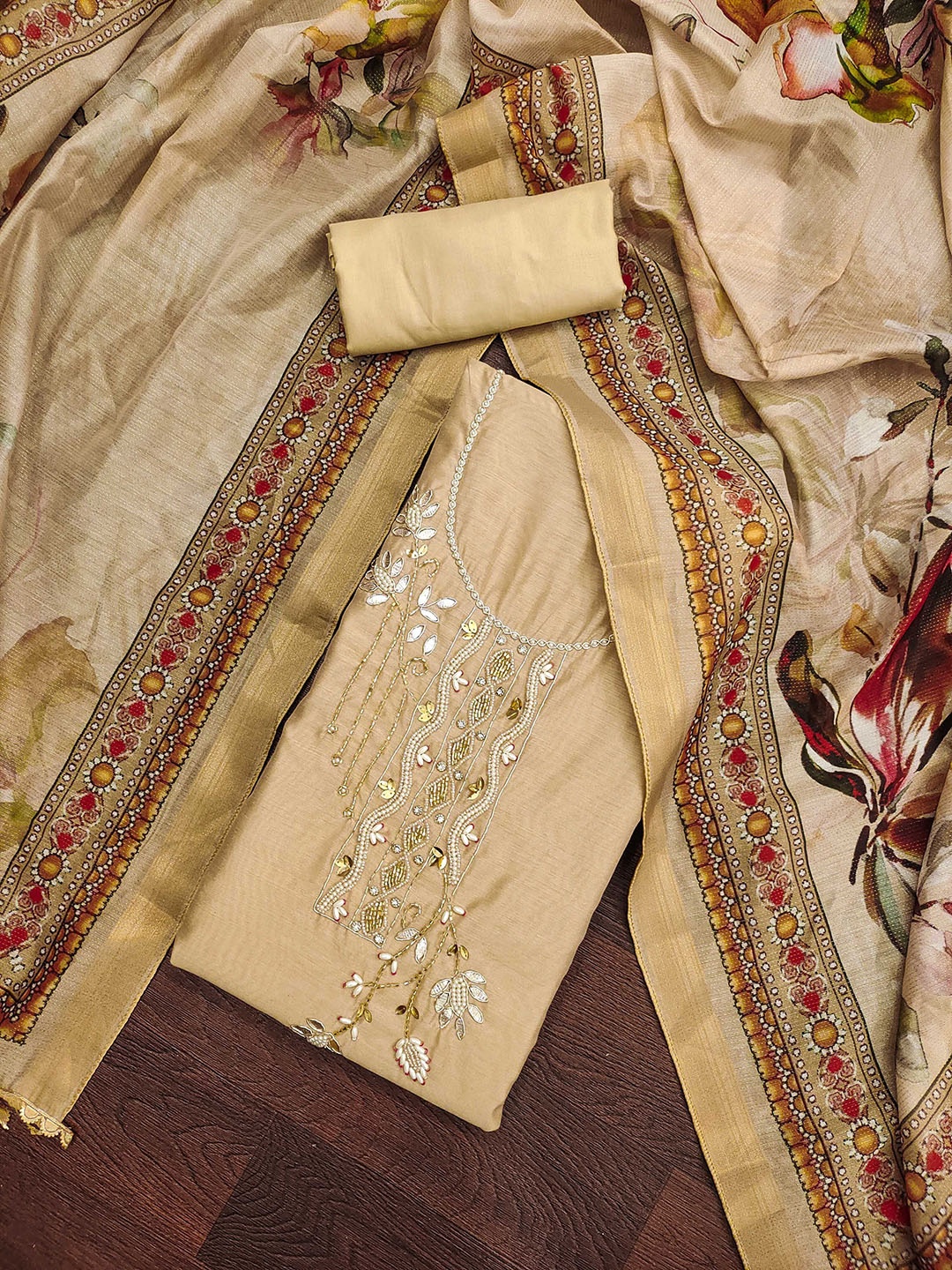 

MANVAA Ethnic Motifs Embellished Beads and Stones Unstitched Dress Material, Beige