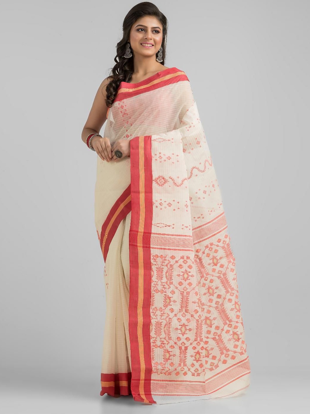

SAJASAJO Ethnic Motifs Pure Cotton Saree, Off white