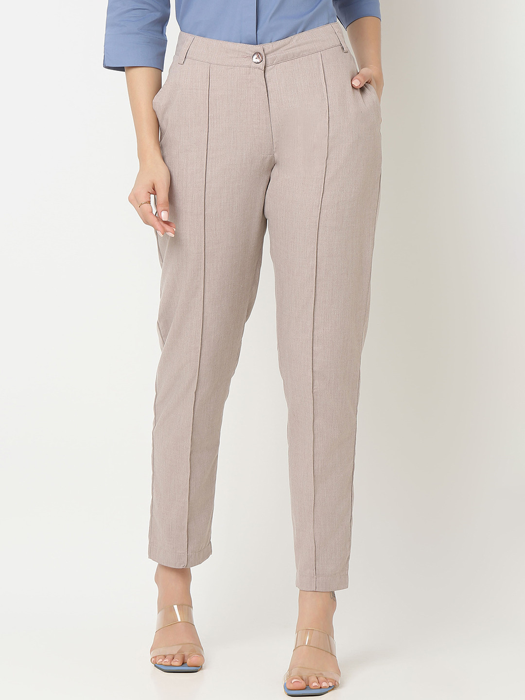 

NOT SO PINK Women Tailored Straight Fit Pleated Formal Trousers, Beige
