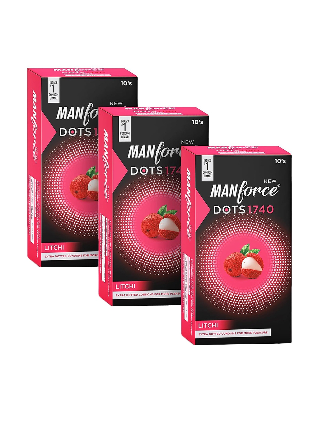 

Manforce Men Set Of 3 Litchi Flavoured Extra Dotted Condoms- 10 Pcs Each, Black