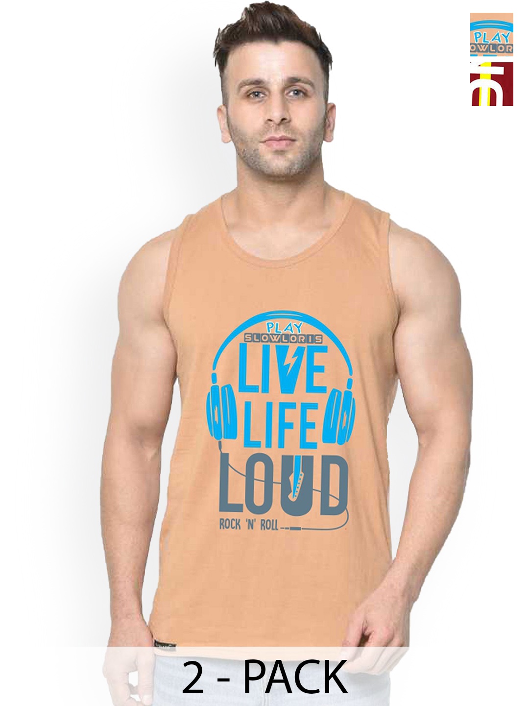 

SLOWLORIS Men Pack Of 2 Printed Gym Vests, Peach