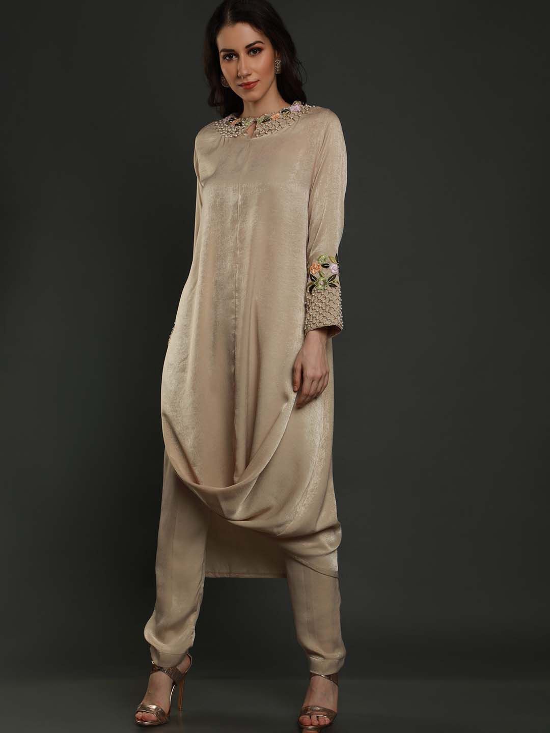 

Sejal Kamdar Barca Floral Embroidered Beads and Stones Drape Kurta With Trousers, Beige