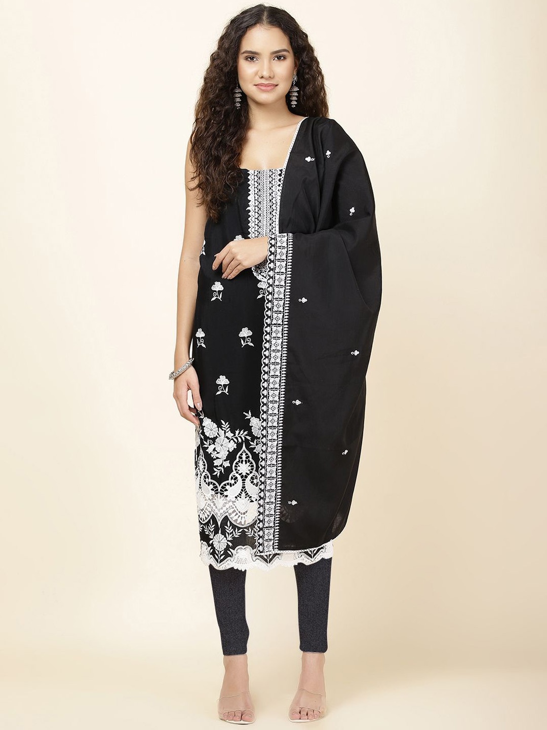 

Meena Bazaar Floral Embroidered Cotton Unstitched Dress Material, Black