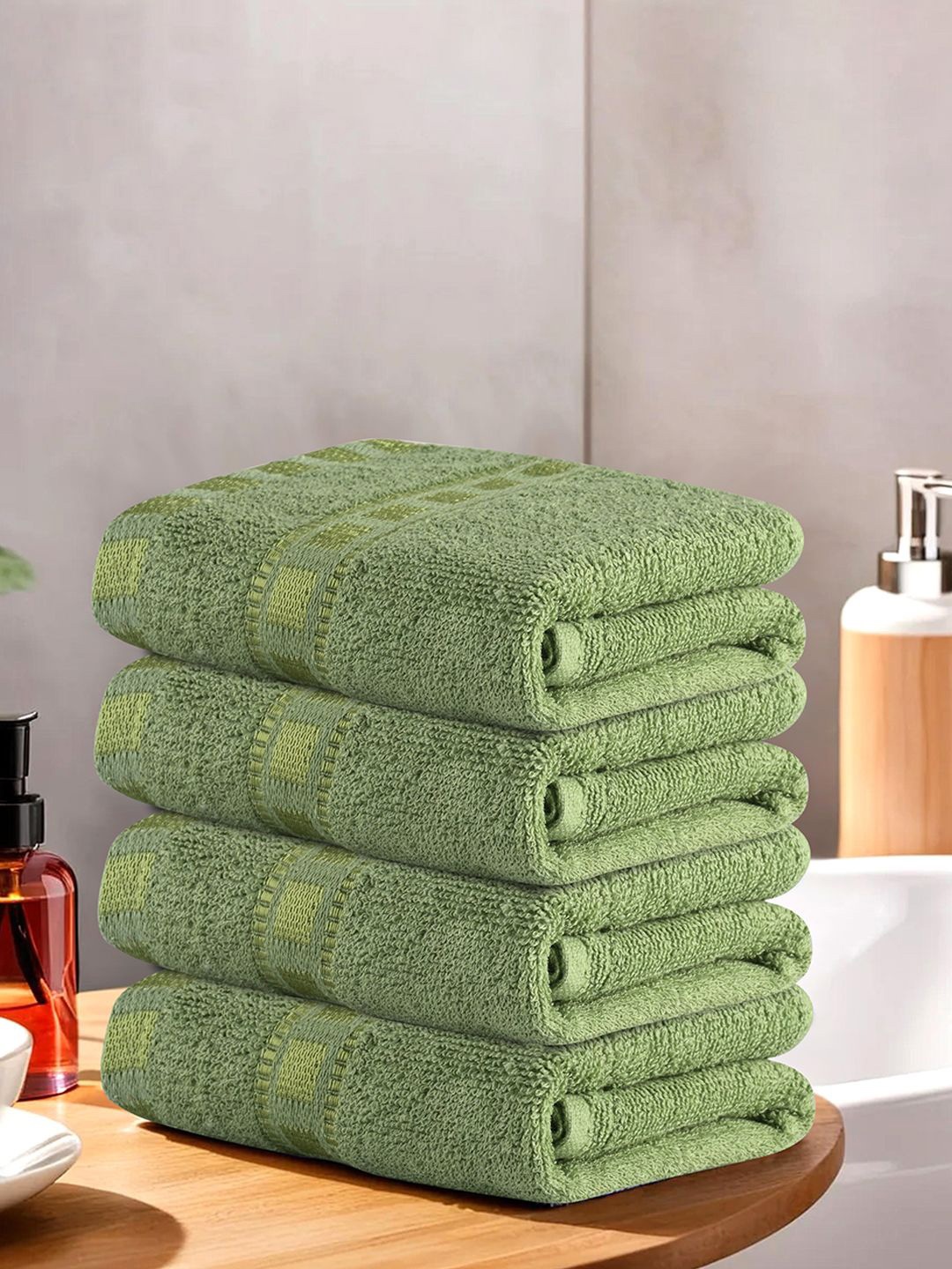 

Kuber Industries Green 4 Pieces Self Design Cotton Highly Absorbent 225 GSM Face Towels