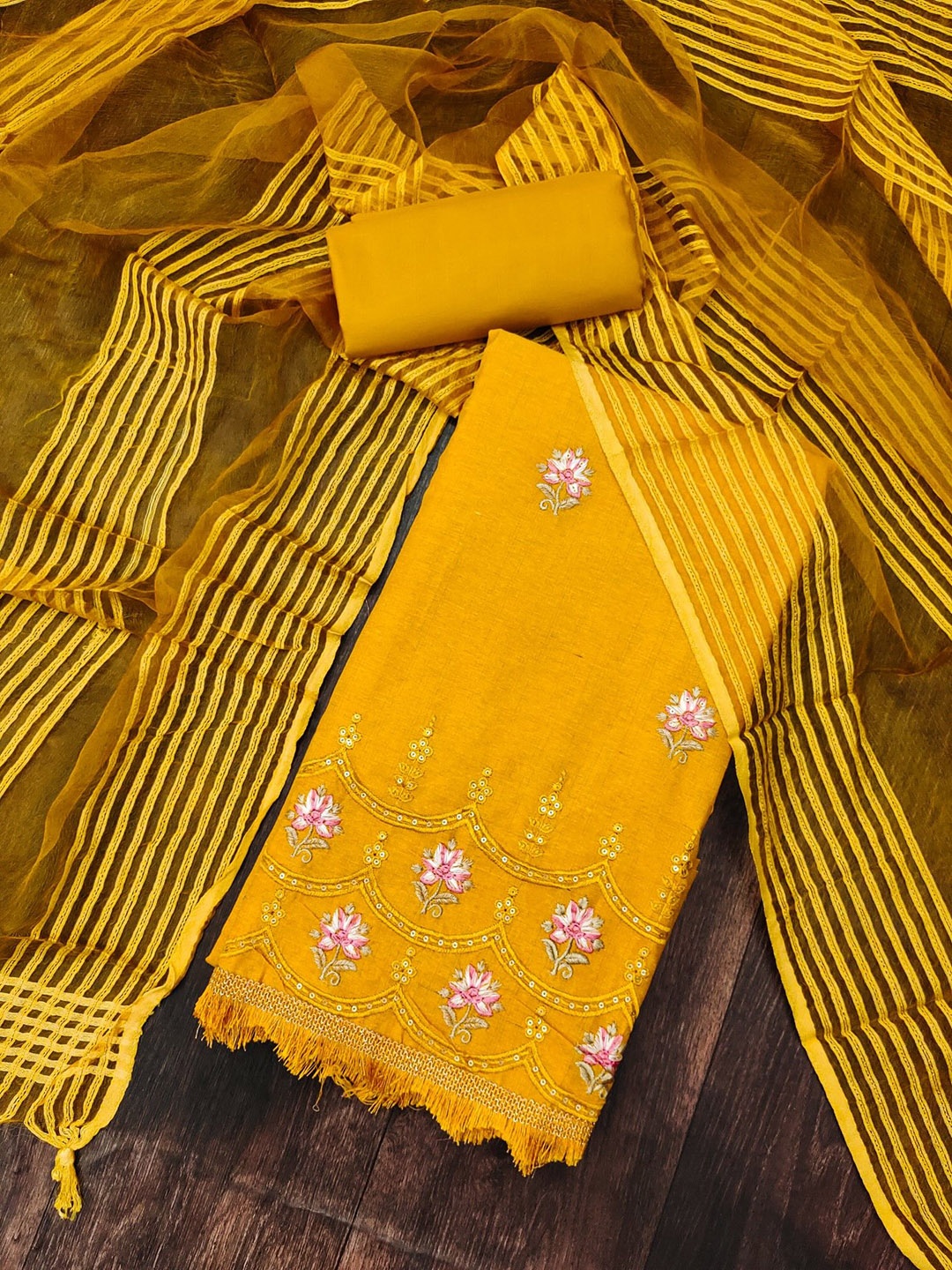 

LeeliPeeri Designer Floral Embroidered Sequinned Cotton Unstitched Dress Material, Yellow