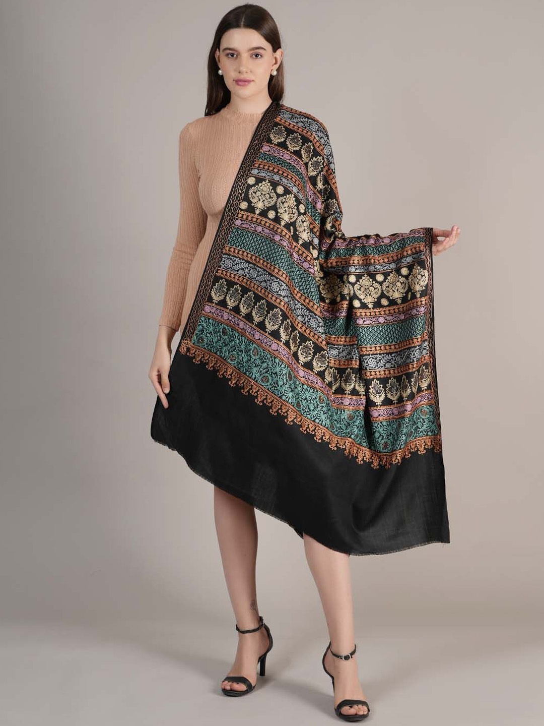 

MUFFLY Floral Embroidered Shawl, Black