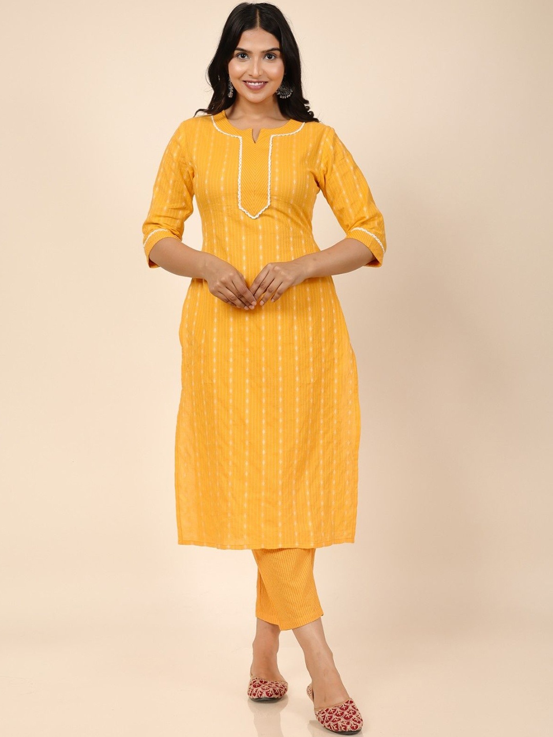 

Aramya Woven Design Regular Kantha Work Pure Cotton Kurta with Trouser, Yellow